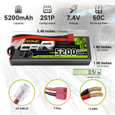 2 x OVONIC 2s 50C 5200mAh 7.4V Hardcase Lipo Battery with Dean-T Connector & Lipo Voltage Checker for 1/10 scale Car Truck Boat RC Vehicles